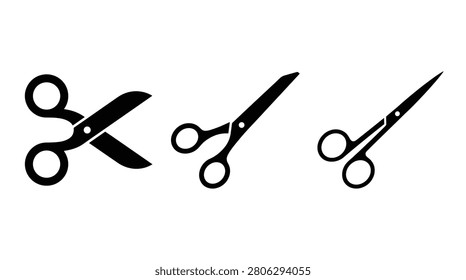 collection of three black silhouette scissors on white background