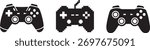 Collection of three black video game controllers, modern and retro styles. video game controllers 
in silhouette. Three different video game controllers isolated on white background