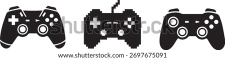 Collection of three black video game controllers, modern and retro styles. video game controllers 
in silhouette. Three different video game controllers isolated on white background