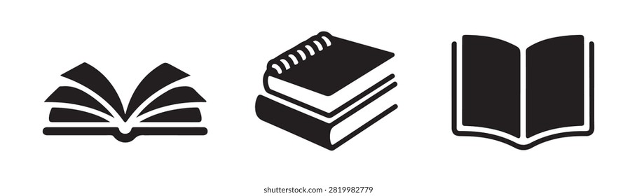 Collection of three black and white book icons, including fanned pages, stacked spiral, and open book designs, suitable for various projects.
