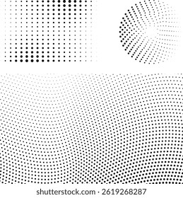 Colección de tres patrones de puntos semitonos en blanco y negro, ideal para diseños abstractos, fondos, arte cómico, efectos retro y proyectos gráficos modernos.
