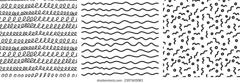 Collection of three black and white hand drawn seamless patterns. Doole abstract vector set.