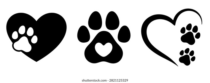Collection of three black and white pet love symbols featuring hearts and paw prints for animal affection