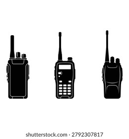 A collection of three black and white vector illustrations showing handheld two-way radios from different angles, isolated on white background.