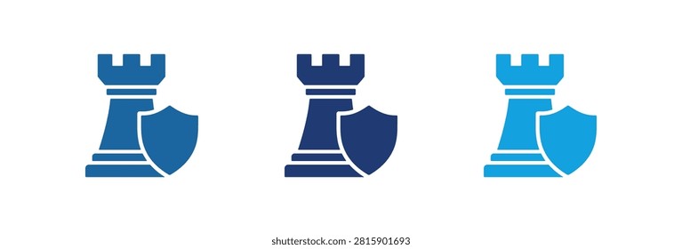 A collection of three blue chess rook icons paired with shields representing strategic defense security planning and corporate protection in various shades of blue