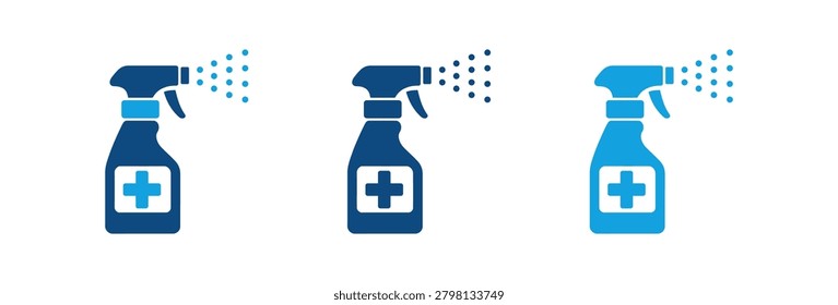 A collection of three blue disinfectant spray bottle icons showing mist spray and medical cross symbols for hygiene and sanitation purposes