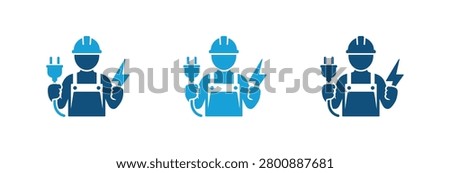 A collection of three blue electrician silhouettes wearing safety helmets and overalls holding electrical equipment representing power maintenance and repair services