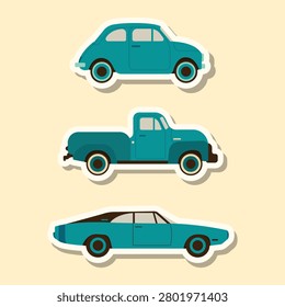 A collection of three blue retro vehicle stickers. A small car, a pickup truck, and a larger sedan are arranged vertically on a plain beige background. These classic designs evoke a bygone era.