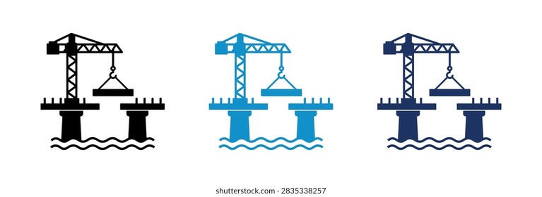 A collection of three bridge construction icons featuring a tower crane lifting a segment over water pillars in black light blue and dark blue colors