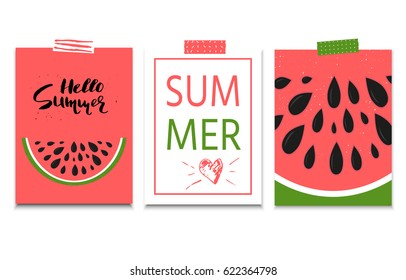 Collection of three bright summer postcard with hand drawn letterind and watermelon slice. Beautiful poster for print, season invitation, journal card. Vector sticker . 