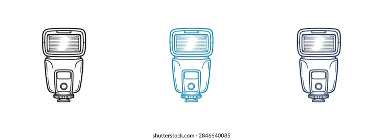 A collection of three camera speedlight flash icons rendered in various outline and color styles for photography design projects