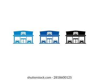 A collection of three car dealership building icons featuring vehicle silhouettes in the windows and on the roof sign in blue and black styles.