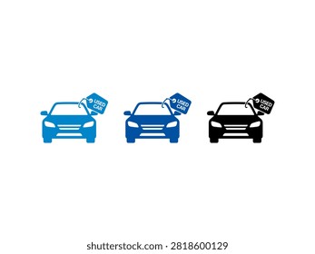 A collection of three car icons in blue and black colors representing used vehicle sales with price tags attached to the side mirrors.