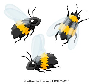 Collection of three cartoon cute bee. Friendly bees. Fly insect wildlife object. Flat vector illustration isolated on white background.