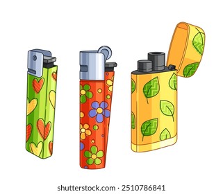 Collection Of Three Cartoon Stylish Lighters Featuring Colorful And Artistic Designs, Display Unique Patterns