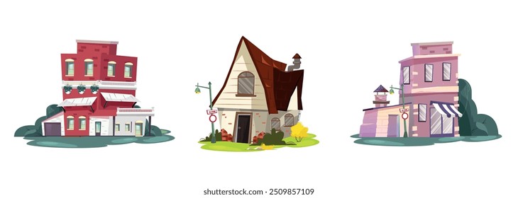 Colección de tres casas de estilo de dibujos animados con un Vector arquitectónico único, que incluye un edificio de ladrillo rojo, una casa de campo peculiar y una casa adosada púrpura, vecindarios, juegos o libros para niños.