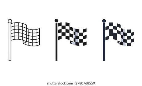 A collection of three checkered flags on poles, featuring outline, solid black, and flat color design variations.