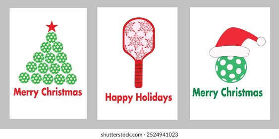 Collection of Three Christmas pickleball sports card template featuring pickleball paddle, ball with Santa hat and tree made of balls. For greeting cards, postcards and advertising 