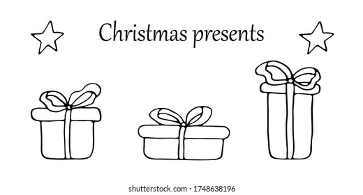 Collection of three Christmas presents in doodle style. Isolated festive vector set for greeting card, invitation, banner, web design. black and white.