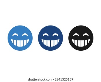 A collection of three circular emoticons featuring wide toothy grins and closed happy eyes in light blue dark blue and black variations