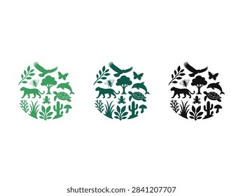 A collection of three circular graphic designs representing nature and biodiversity with silhouettes of animals like tigers dolphins eagles and various plant species