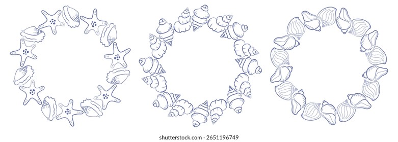 Collection of three circular marine frames featuring seashells, sea stars and spiral shells. Hand-drawn ocean borders in linear style for summer invitations, logos and nautical design.