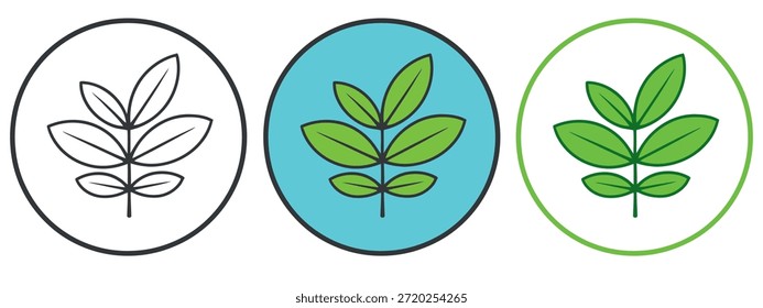 Collection of three circular plant leaf icons showcasing natural growth and eco-friendly design