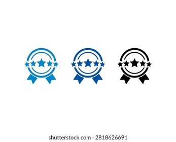 A collection of three circular seal icons featuring five stars and decorative ribbons representing premium quality excellence and top rating for business services