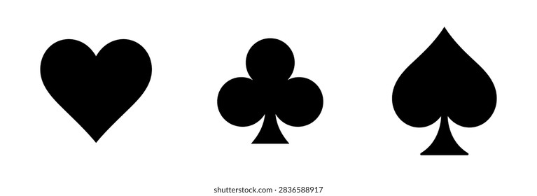 A collection of three classic playing card suit symbols including a heart club and spade in solid black silhouette style