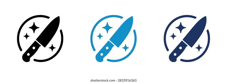 A collection of three clean kitchen knife icons in black and blue colors featuring sharp blades and shining star accents for restaurant and cooking themes