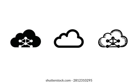 Collection of three cloud icons representing data networking and connectivity concepts in digital art styles