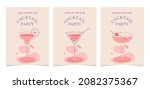 Collection of three cocktail glasses icon invitation illustration, flat minimalistic design.Set of Invitations for cocktail party