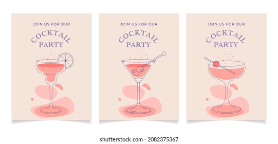 Collection of three cocktail glasses icon invitation illustration, flat minimalistic design.Set of Invitations for cocktail party