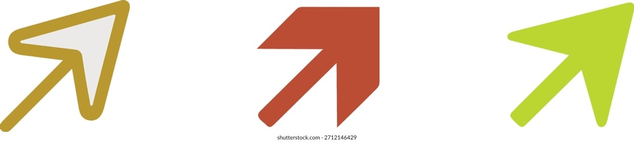 Una colección de tres iconos coloridos de flecha o cursor en diferentes estilos. Incluye un puntero delineado en oro, un puntero rojo sólido y un puntero verde sólido, todos apuntando diagonalmente hacia arriba. Ideal para interfaces de usuario, navegación por Web, App digitales y proyectos de Diseño gráfico.