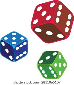 A collection of three colorful dice, including red, blue, and green, displayed in a 3D perspective view, isolated on a clean white background.