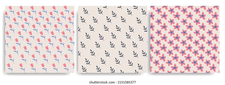Colección de tres coloridos patrones de verano con hojas y flores. Ilustraciones abstractas de moda dibujadas a mano. patrones de collage creativos. Para imprimir o envolver papel