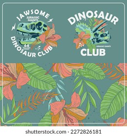 Collection of three colorful tropical dinosaur vector t-shirt designs, prints, illustrations and seamless pattern elements. 