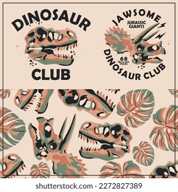 Collection of three colorful tropical dinosaur vector t-shirt designs, prints, illustrations and seamless pattern elements. 