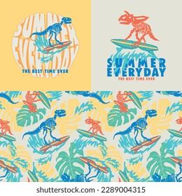 Collection of three colorful tropical dinosaur vector t-shirt designs prints. İllustrations and seamless pattern elements.