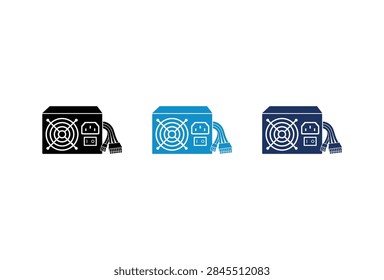 A collection of three computer power supply unit icons featuring a cooling fan and electrical cables in black blue and dark blue colors