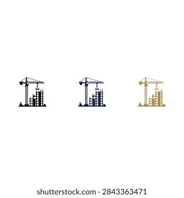 A collection of three construction crane icons showing the process of building a skyscraper in black blue and gold metallic styles