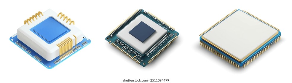 A collection of three CPU microprocessor chips, each with distinct designs and color schemes. Set of Three Microprocessor Chips with Different Designs vector illustration