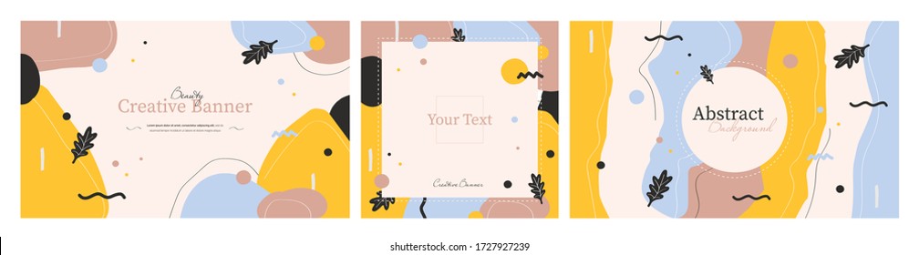 Colección de tres pancartas amarillas abstractas creativas con lugar para el texto. Coloridos fondos vectoriales geométricos hechos a mano perfectos para diseño web y aplicación, carteles, afiches, publicidad