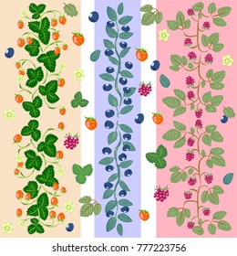 A collection of three curbs based on forest berries and leaves and individual elements of the ornament - berries and leaves of strawberries, raspberries and blueberries