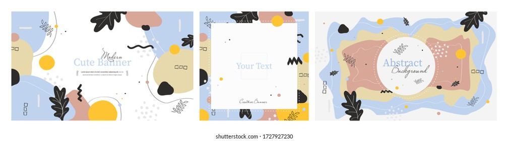 Collection of three cute abstract blue banners with place for text. Hand made doodle colorful geometric vector backgrounds perfect for web and application design, banners, posters, advertising