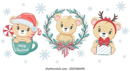 A collection of three cute bears for the New Year and for Christmas. Vector illustration of a cartoon. Merry Christmas.