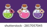 Collection of three cute cartoon magic potion bottles featuring a toxic poison potion, romantic love potion, and mystical purple elixir. Perfect for Halloween designs, fantasy games, witchcraft graphics, stickers, mobile apps, party decorations, and magical themed illustrations.