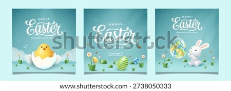 Collection of three cute Happy Easter sale banners featuring 3D illustrated elements, colorful eggs, and an adorable white rabbit against a teal spring background for seasonal promotions.