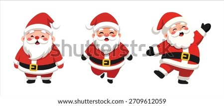 Collection of three cute, happy Santa Claus cartoon characters in different poses, vector illustration for seasonal Christmas and New Year design