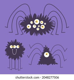 Collection of three cute spider characters. Vector illustration in hand draw style on purple background.
